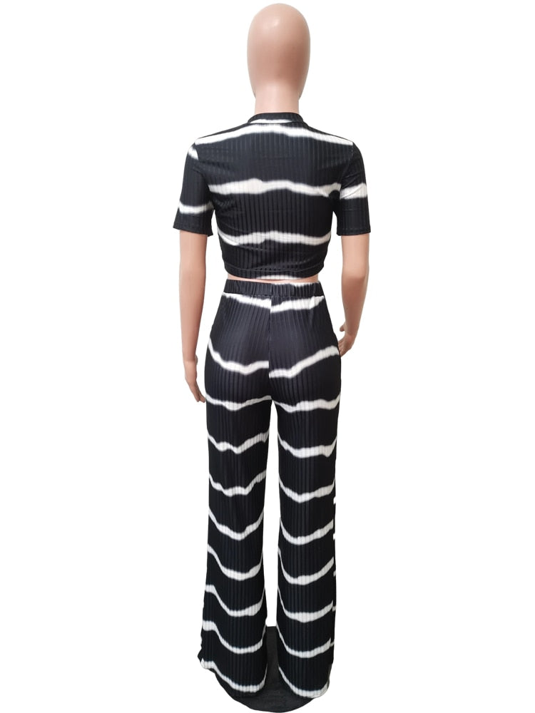 Striped Elastic Ribbed Two Piece High Waist Pant Suit