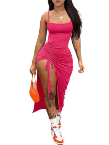 Summer Spaghetti Strap Side Ruched Split Drawstring Party Dress