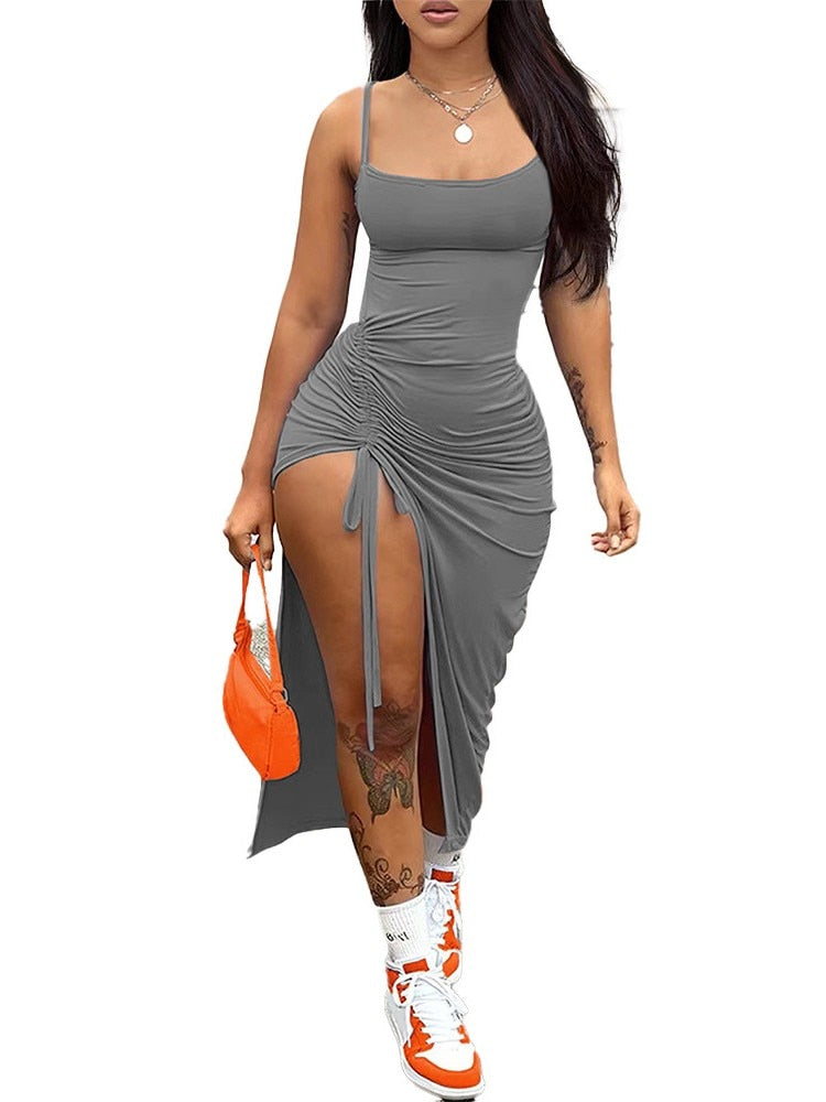 Summer Spaghetti Strap Side Ruched Split Drawstring Party Dress