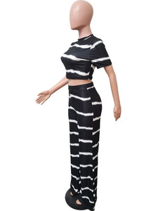 Striped Elastic Ribbed Two Piece High Waist Pant Suit