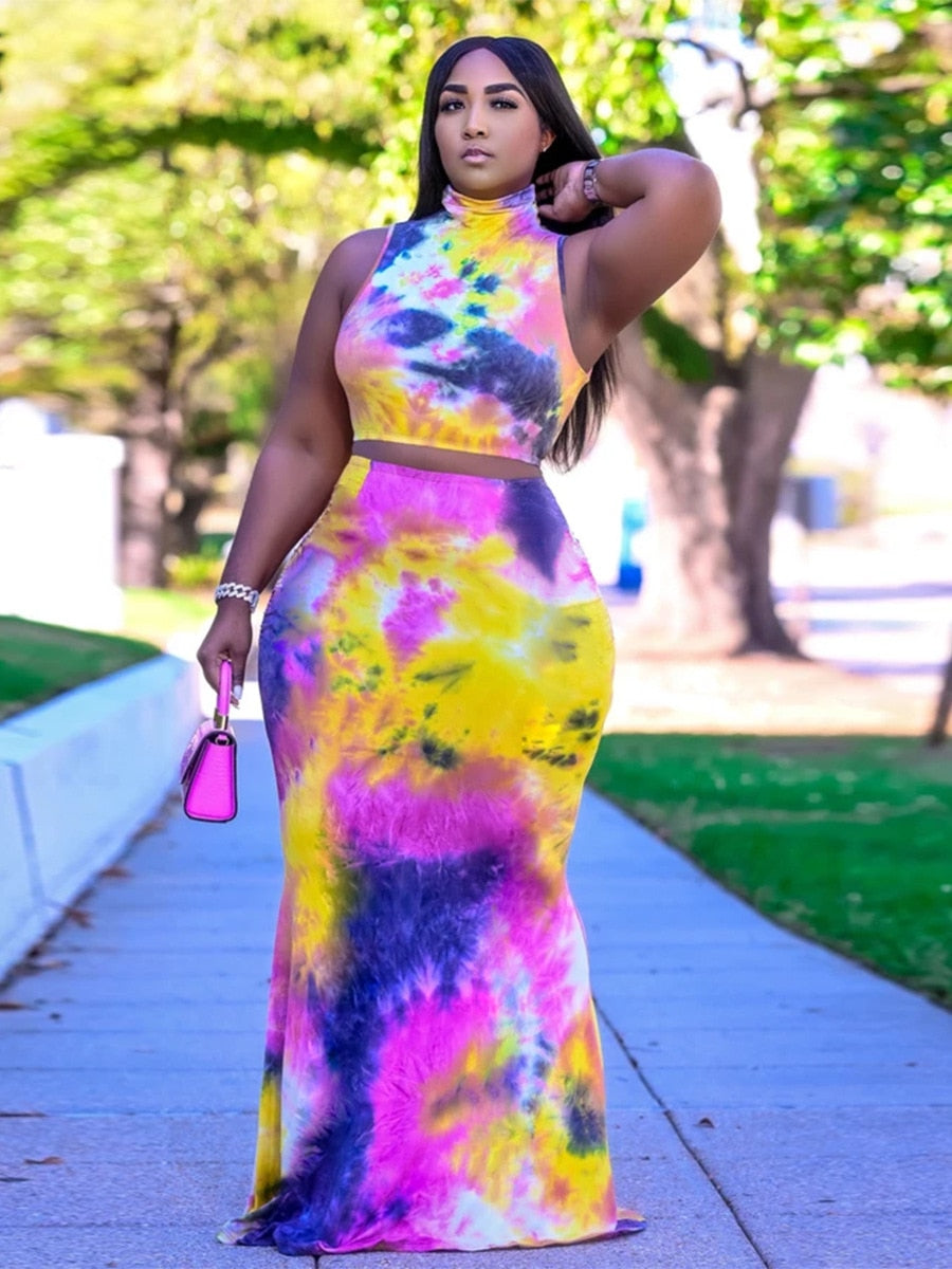 Plus Size Sexy Tie Dye Sleeveless Top And Long Skirt Set