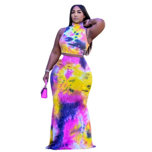 Plus Size Sexy Tie Dye Sleeveless Top And Long Skirt Set